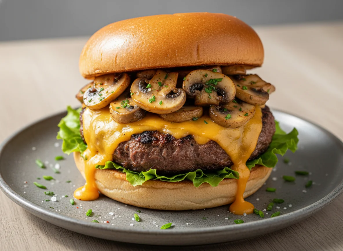 Hamburguesa con queso y champiñones photo