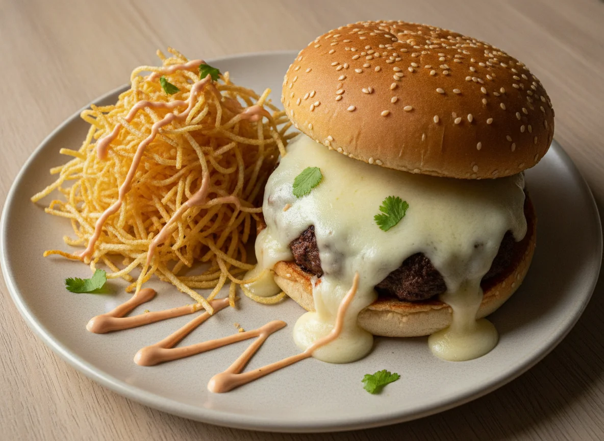 Hamburguesa con queso y papas cabello de ángel photo