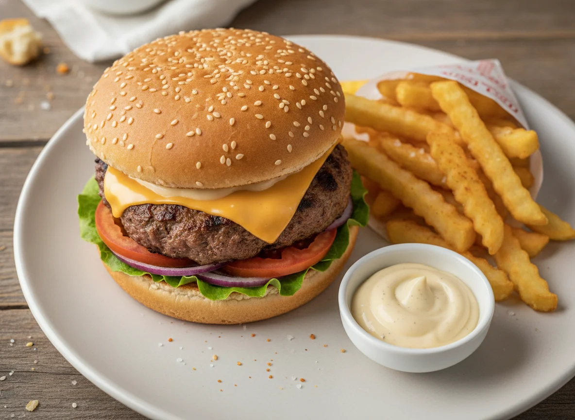 Hamburguesa con queso y papas fritas photo