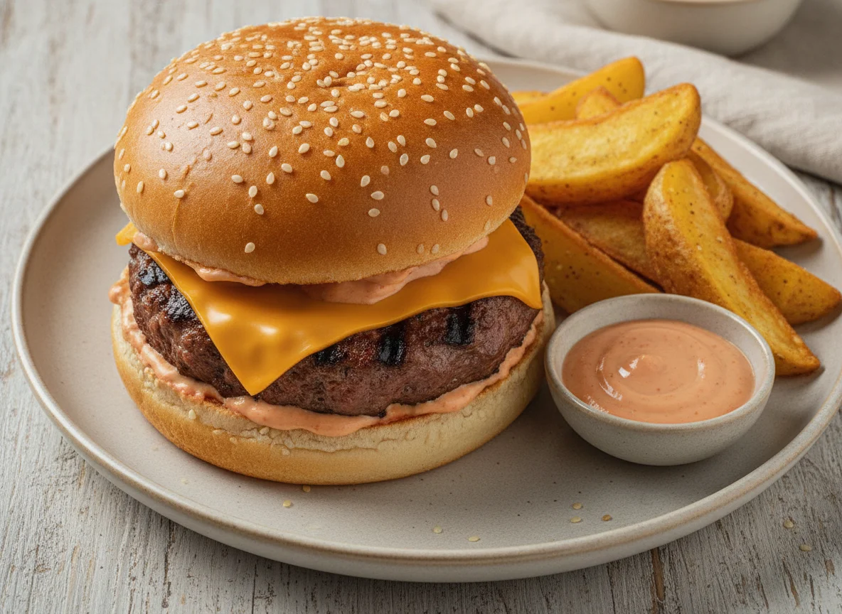 Hamburguesa con queso y patatas gajo photo