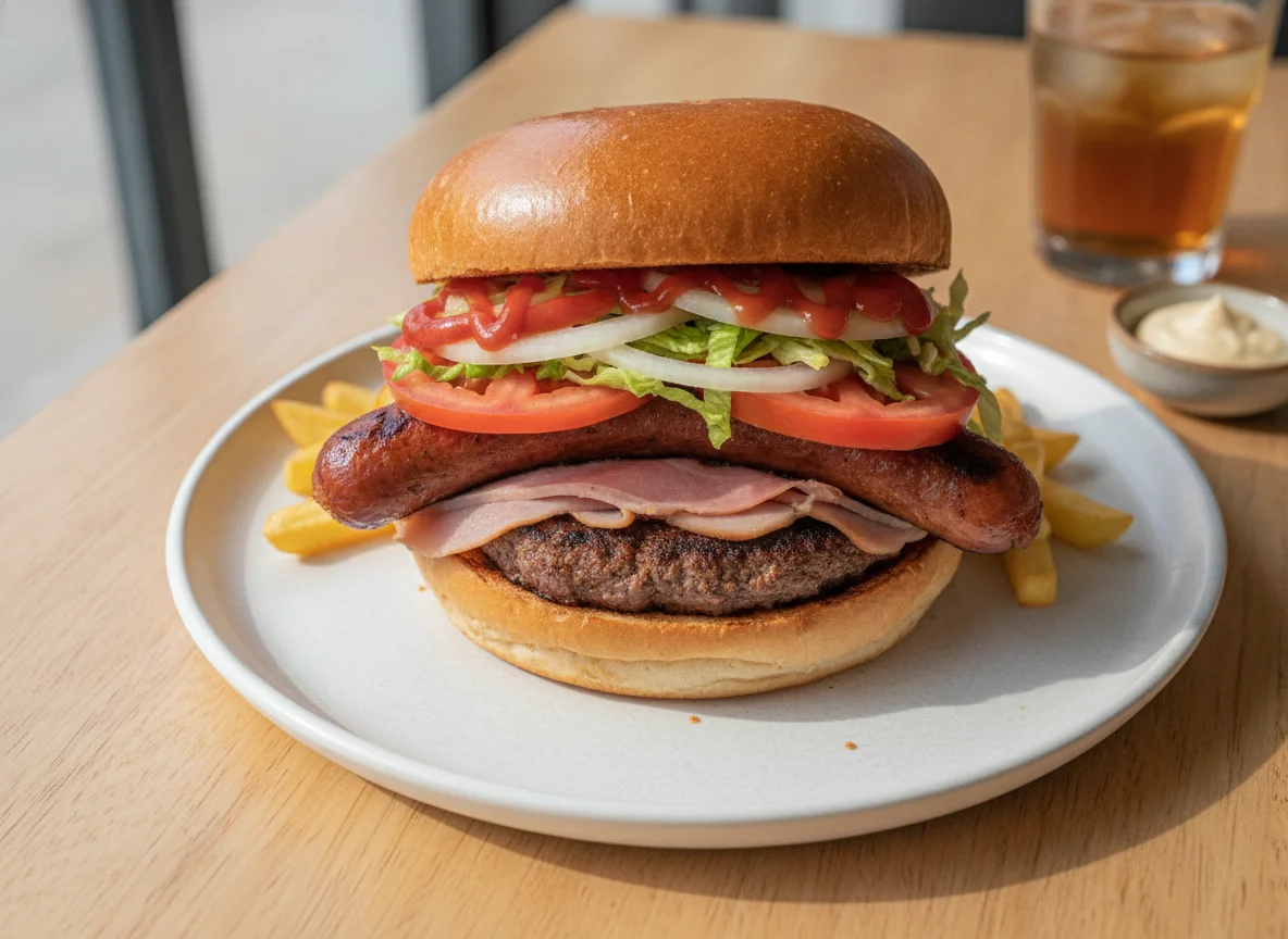 Hamburguesa con salchicha y complementos photo