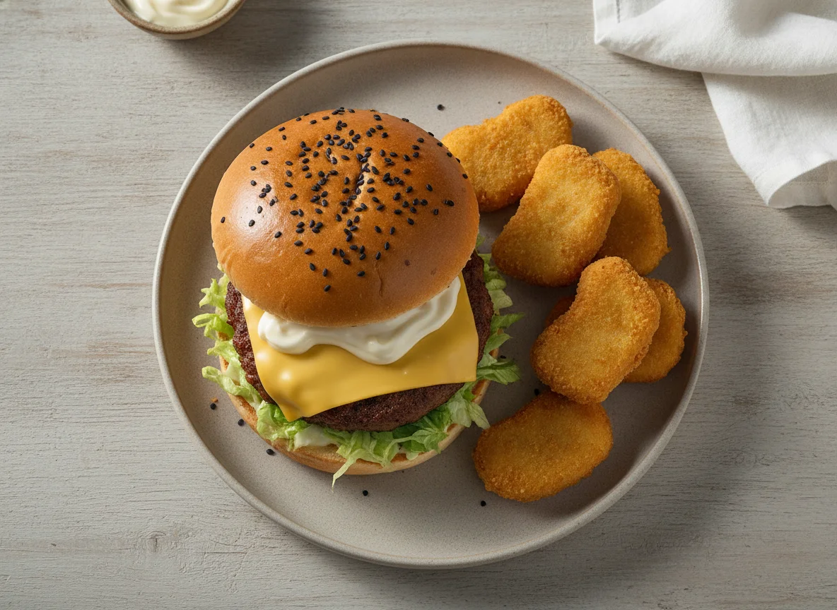 Hamburguesa con semillas de sésamo negro y nuggets de pollo photo