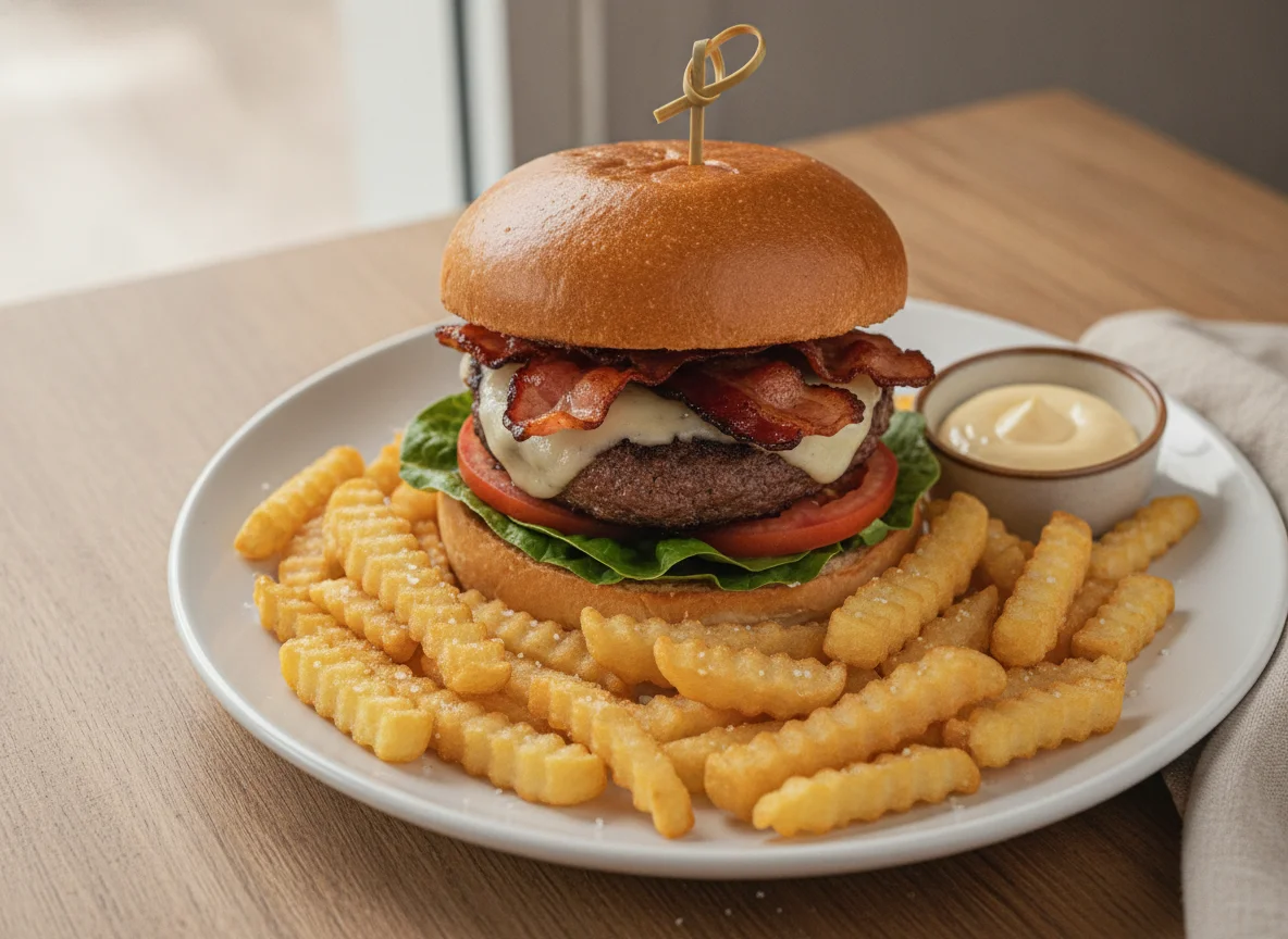 Hamburguesa con tocineta y papas fritas photo