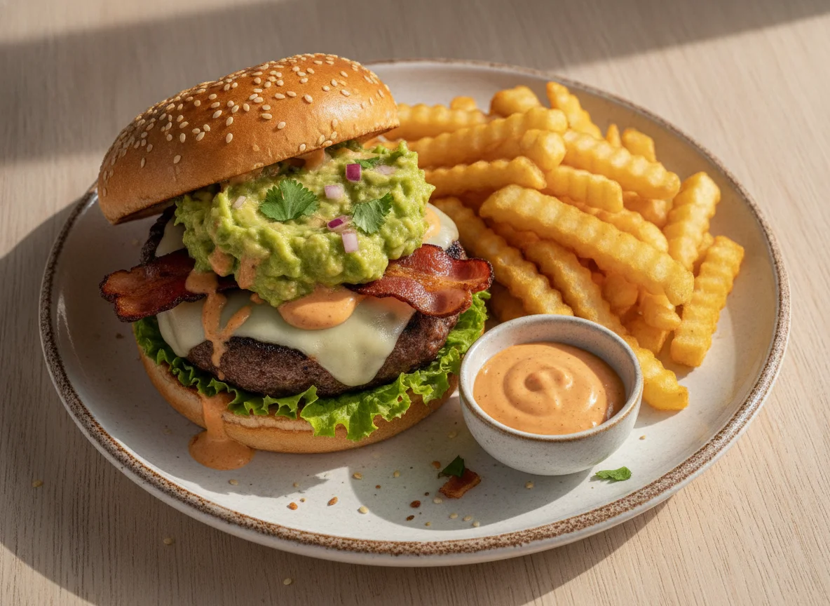 Hamburguesa con tocino, guacamole y papas fritas photo