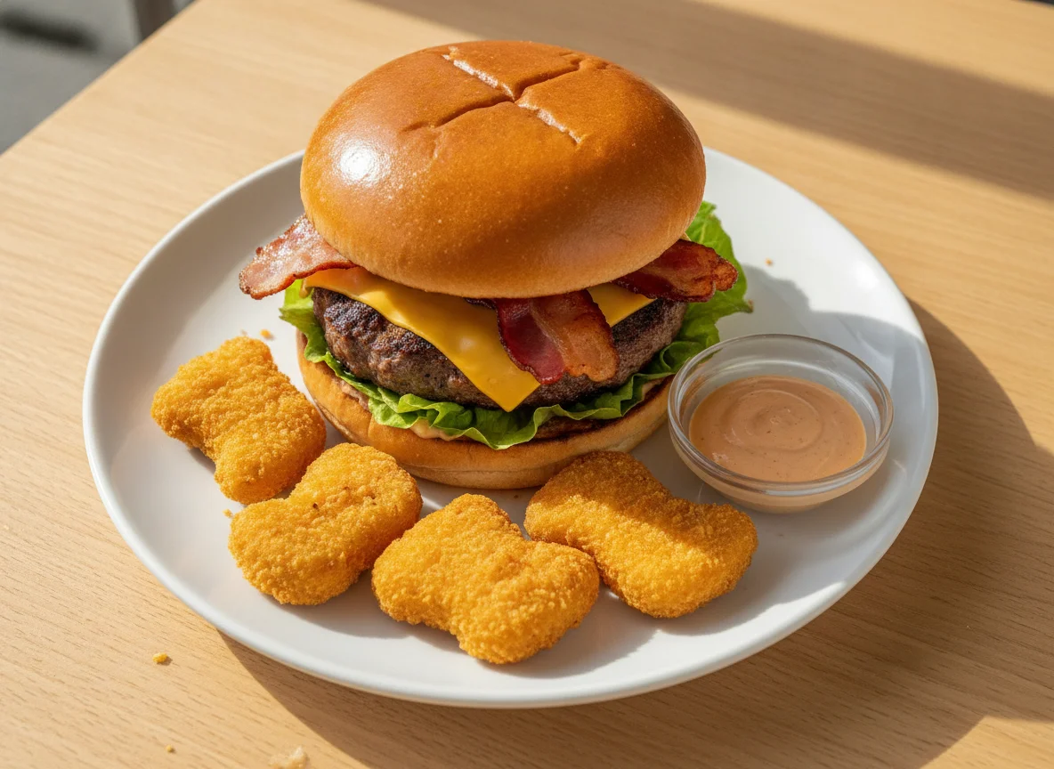 Hamburguesa con tocino y nuggets de pollo photo