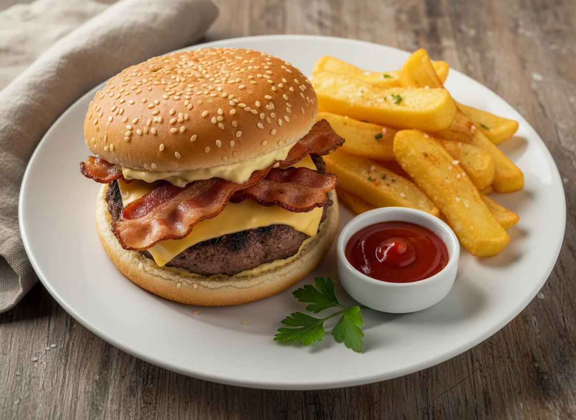 Hamburguesa con tocino y papas fritas photo