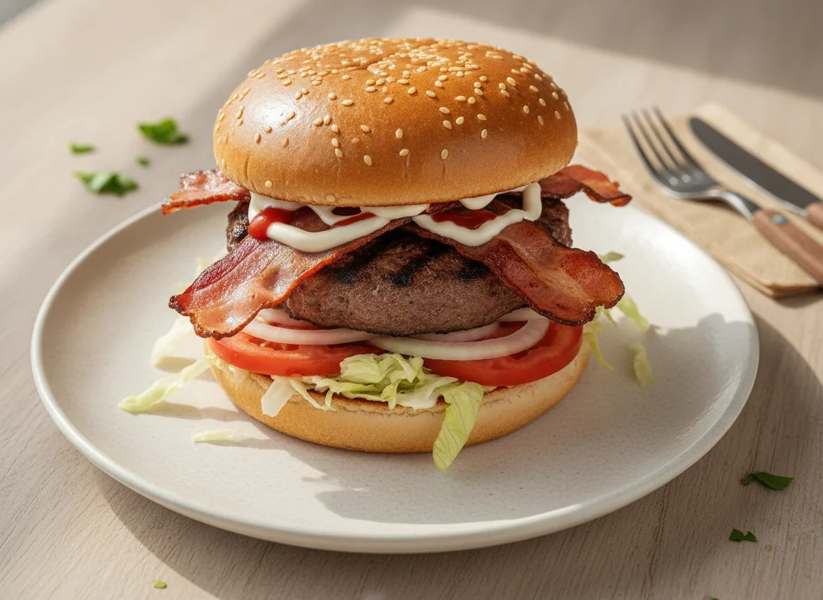 Hamburguesa con tocino y vegetales photo