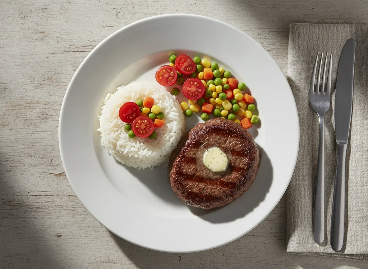 Hamburguesa danesa con arroz y verduras photo
