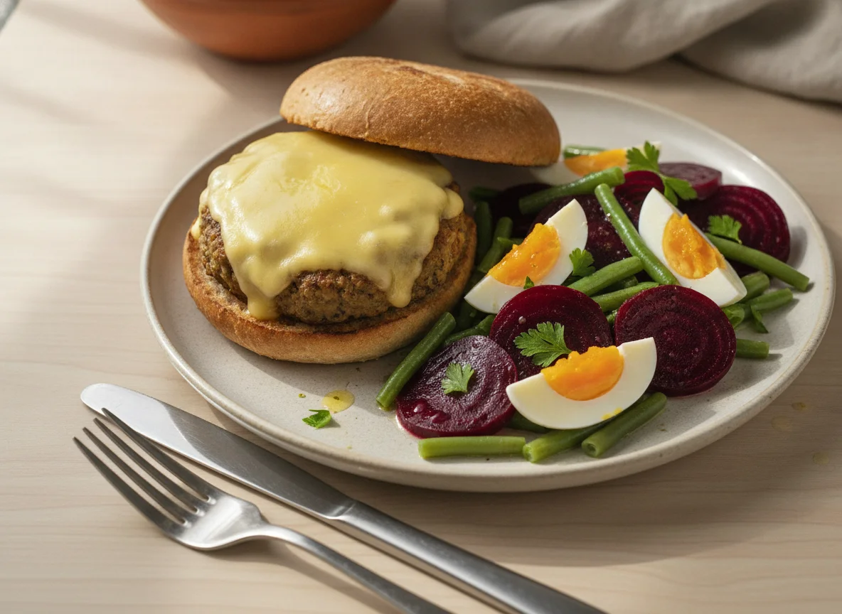 Hamburguesa de lentejas con ensalada de remolacha, vainitas y huevo photo