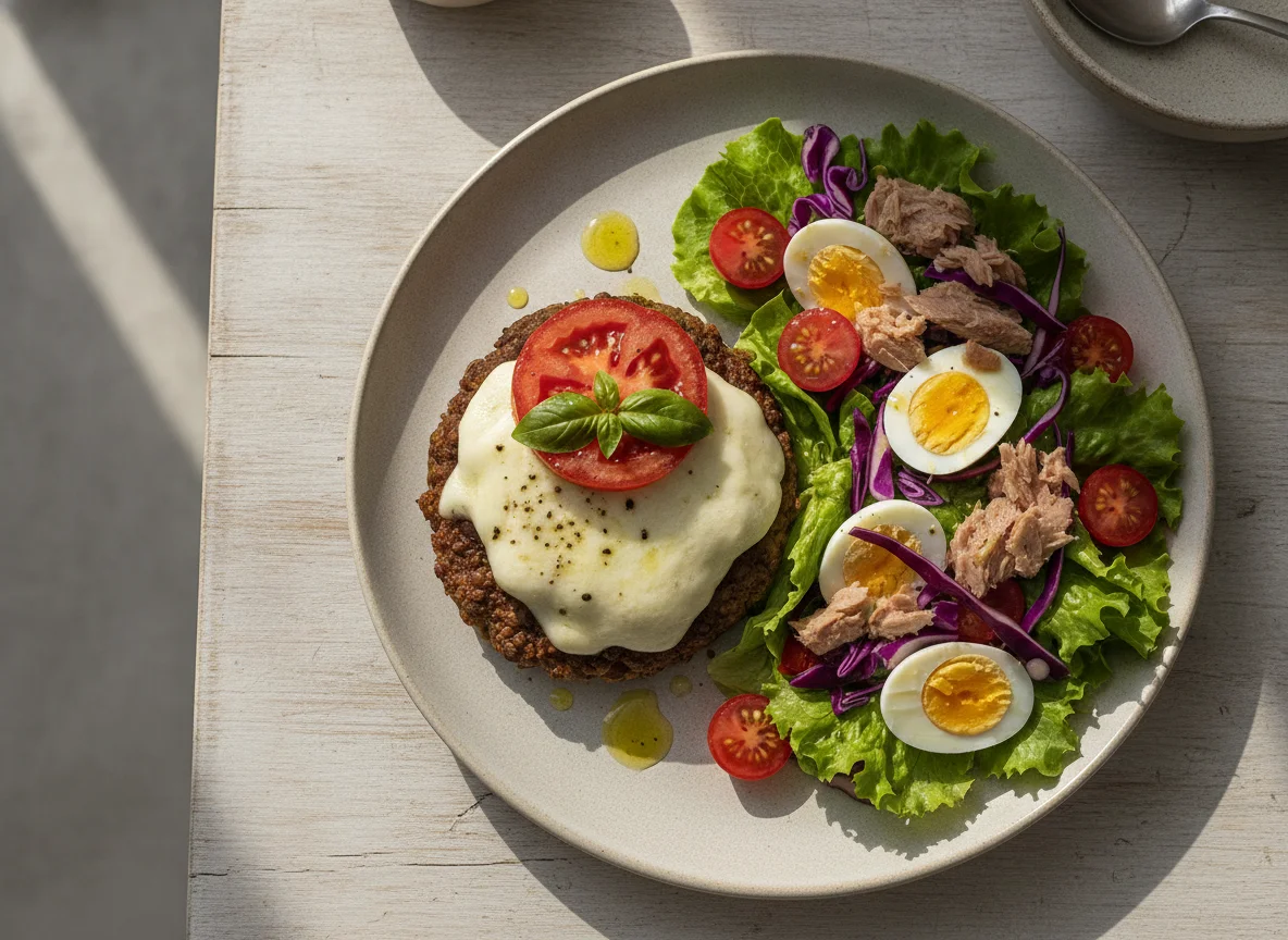 Hamburguesa de lentejas con queso y ensalada mixta photo