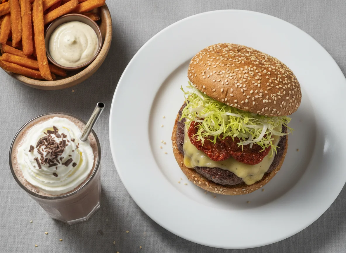 Hamburguesa de pan integral con semillas y batido photo
