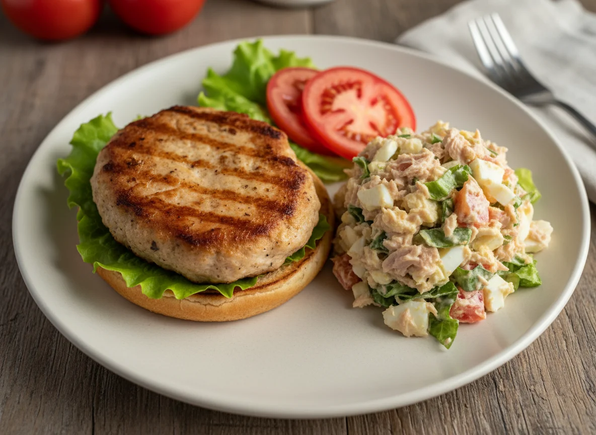 Hamburguesa de pollo con ensalada de atún photo