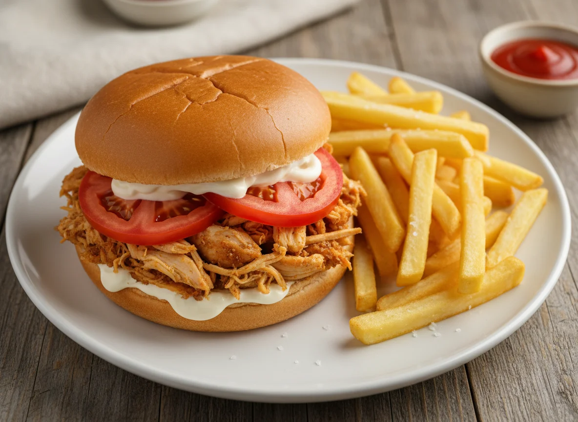 Hamburguesa de pollo con papas fritas photo
