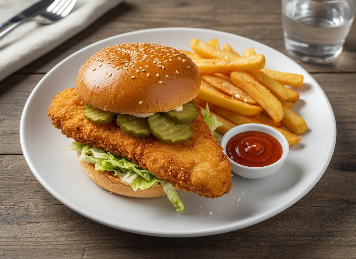 Hamburguesa de pollo con patatas fritas photo