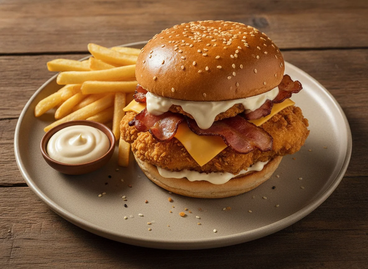 Hamburguesa de pollo crujiente con bacon y patatas fritas photo