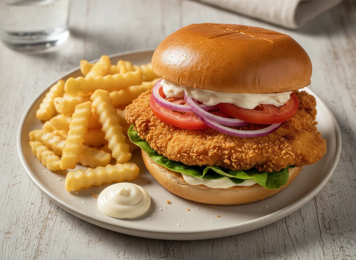 Hamburguesa de pollo frito con papas fritas photo