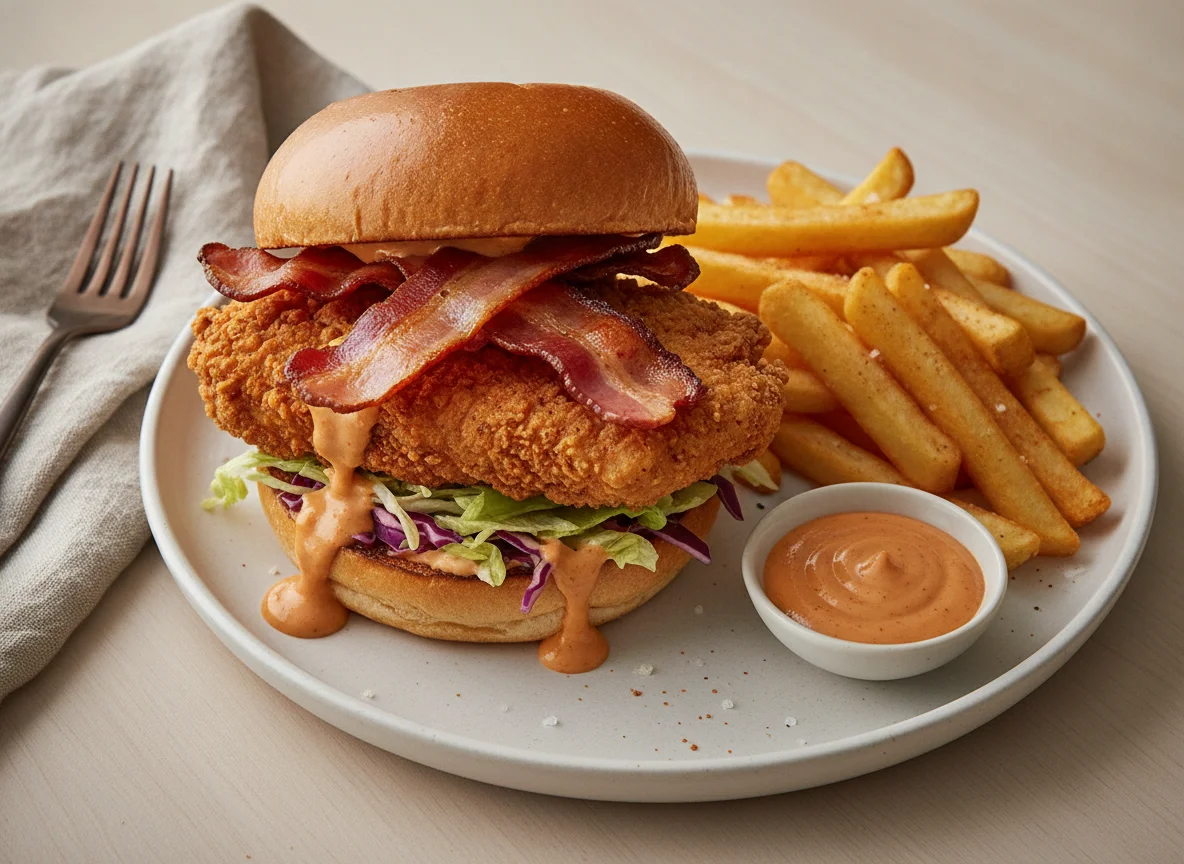 Hamburguesa de pollo frito con tocino y papas fritas photo