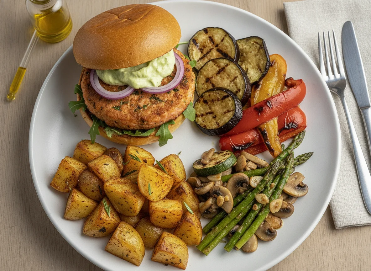 Hamburguesa de salmón con verduras asadas y salteado de espárragos photo
