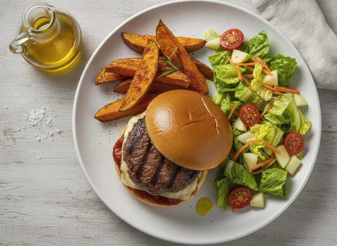 Hamburguesa de ternera con boniato asado y ensalada mixta photo