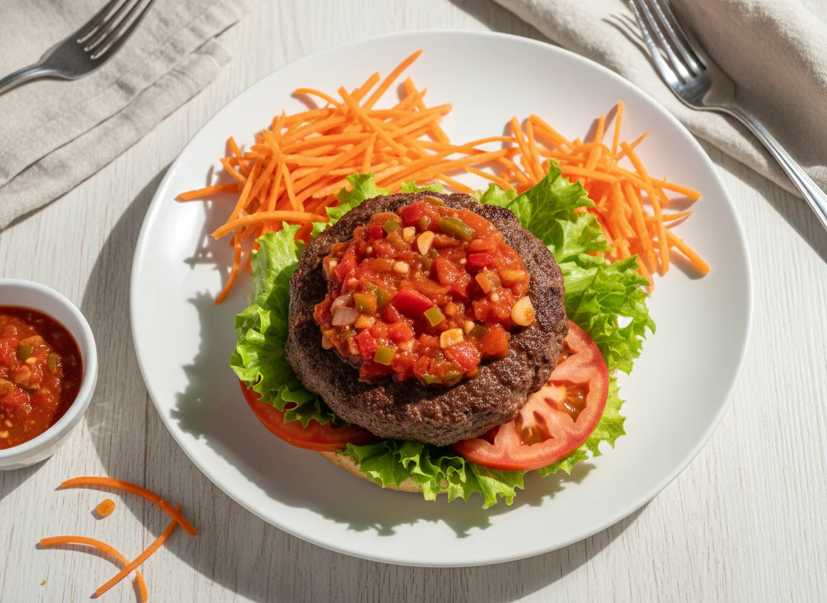 Hamburguesa de ternera con salsa y ensalada photo