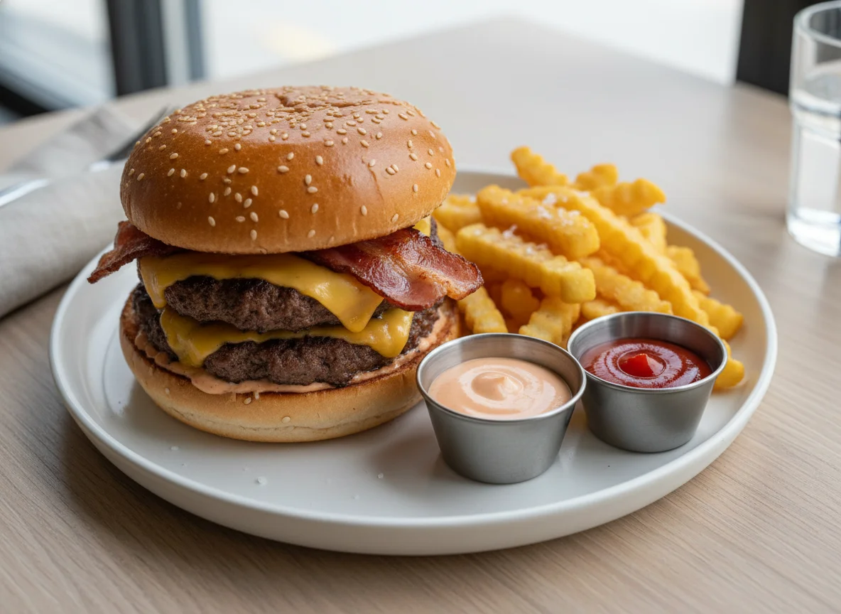 Hamburguesa doble con papas fritas photo