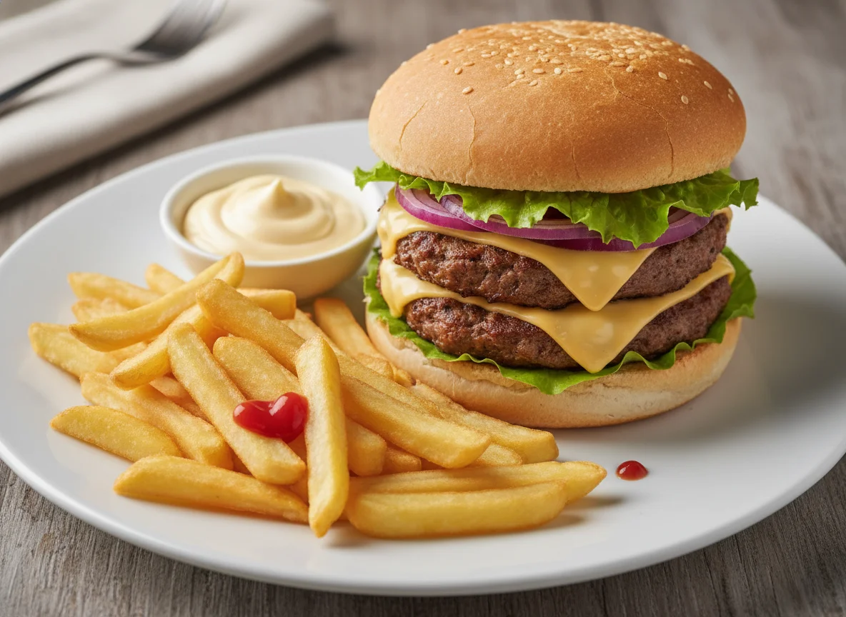 Hamburguesa doble con papas fritas y mayonesa photo