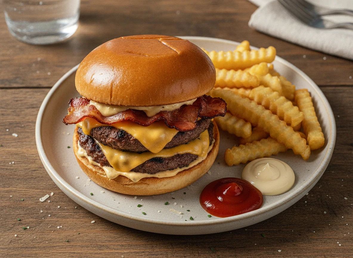 Hamburguesa doble con queso, panceta y papas fritas photo