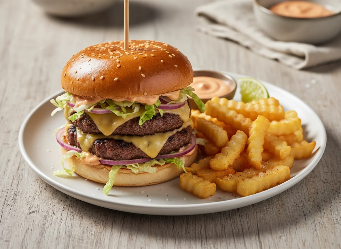 Hamburguesa doble con queso y papas fritas photo