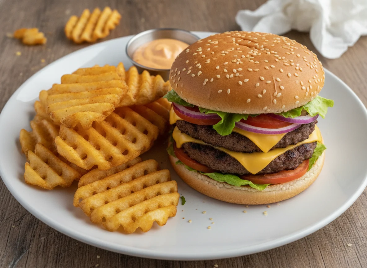 Hamburguesa doble y papas waffle photo