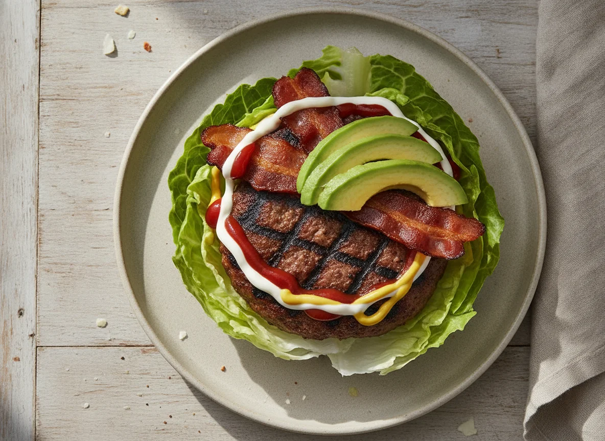 Hamburguesa envuelta en lechuga con aguacate y salsas photo