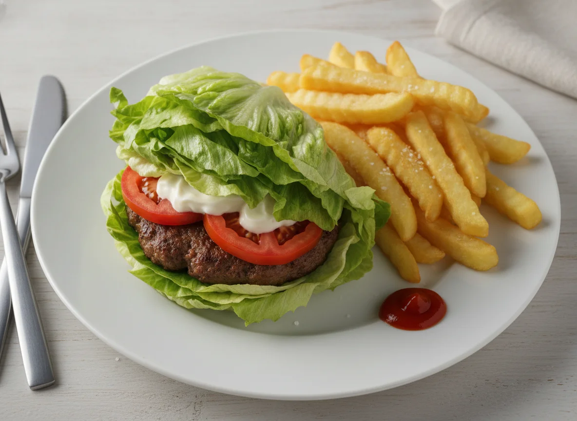 Hamburguesa envuelta en lechuga con papas fritas photo