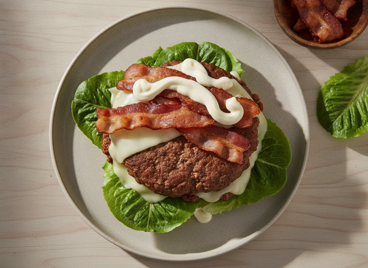 Hamburguesa envuelta en lechuga con tocineta photo