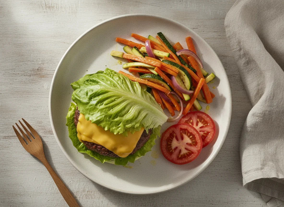 Hamburguesa envuelta en lechuga con verduras salteadas photo