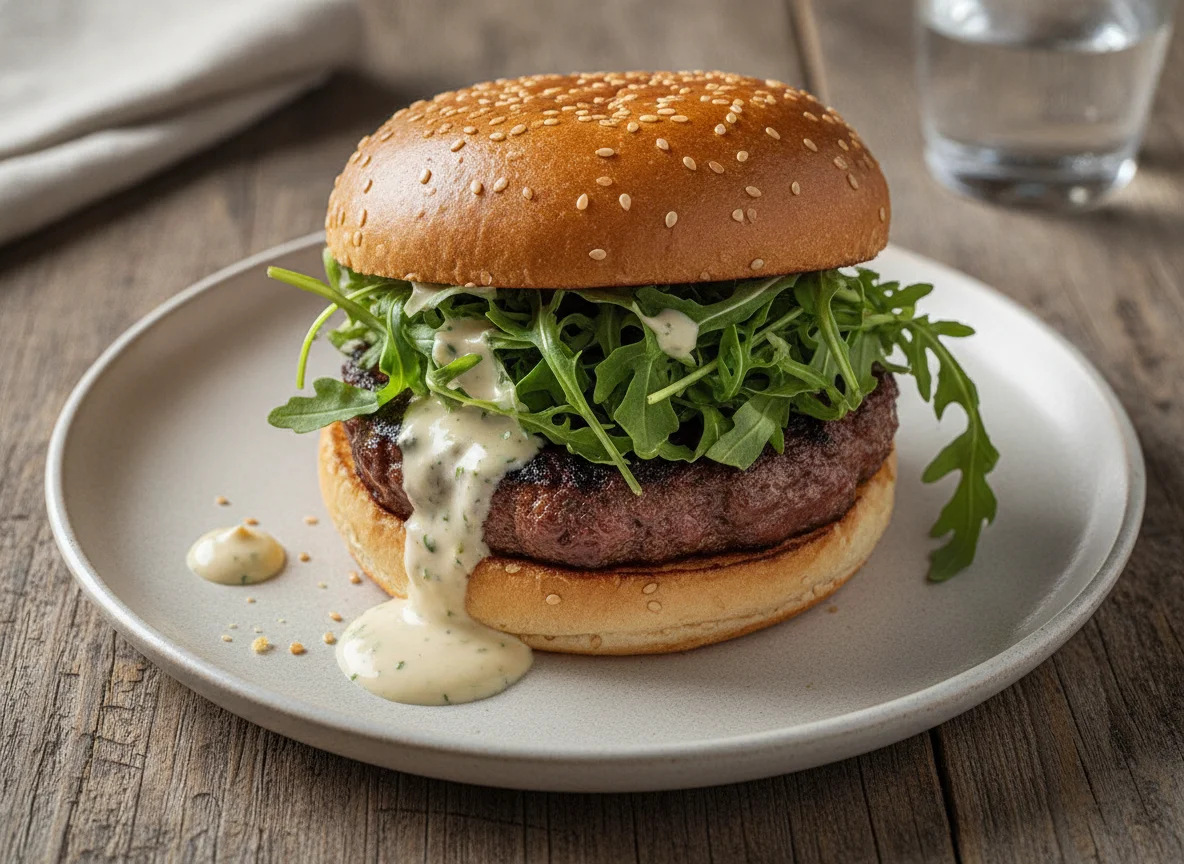 Hamburguesa gourmet con rúcula y salsa photo