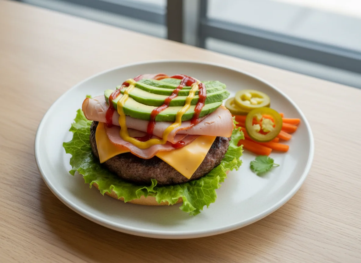 Hamburguesa sin pan con aguacate y jamón photo