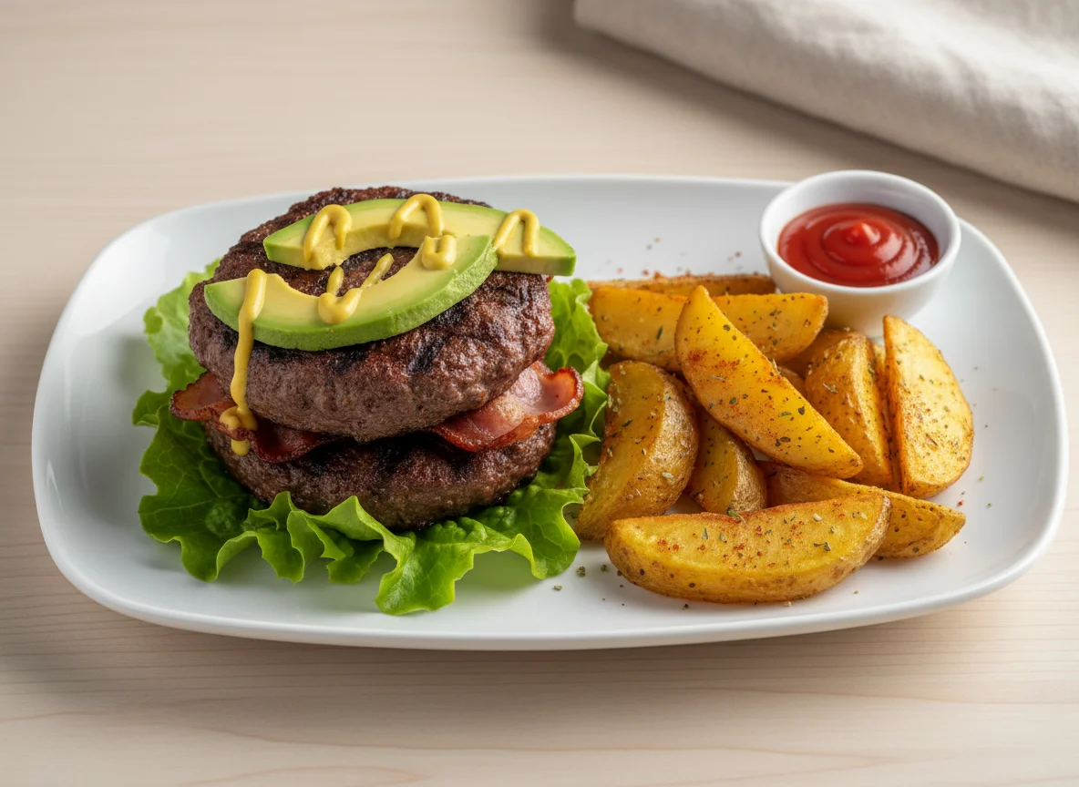 Hamburguesa sin pan con doble carne y papas gajo photo