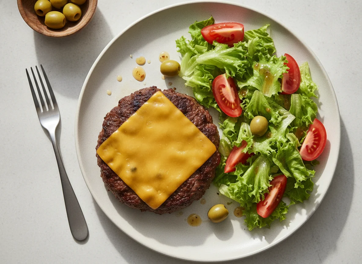 Hamburguesa sin pan con ensalada photo