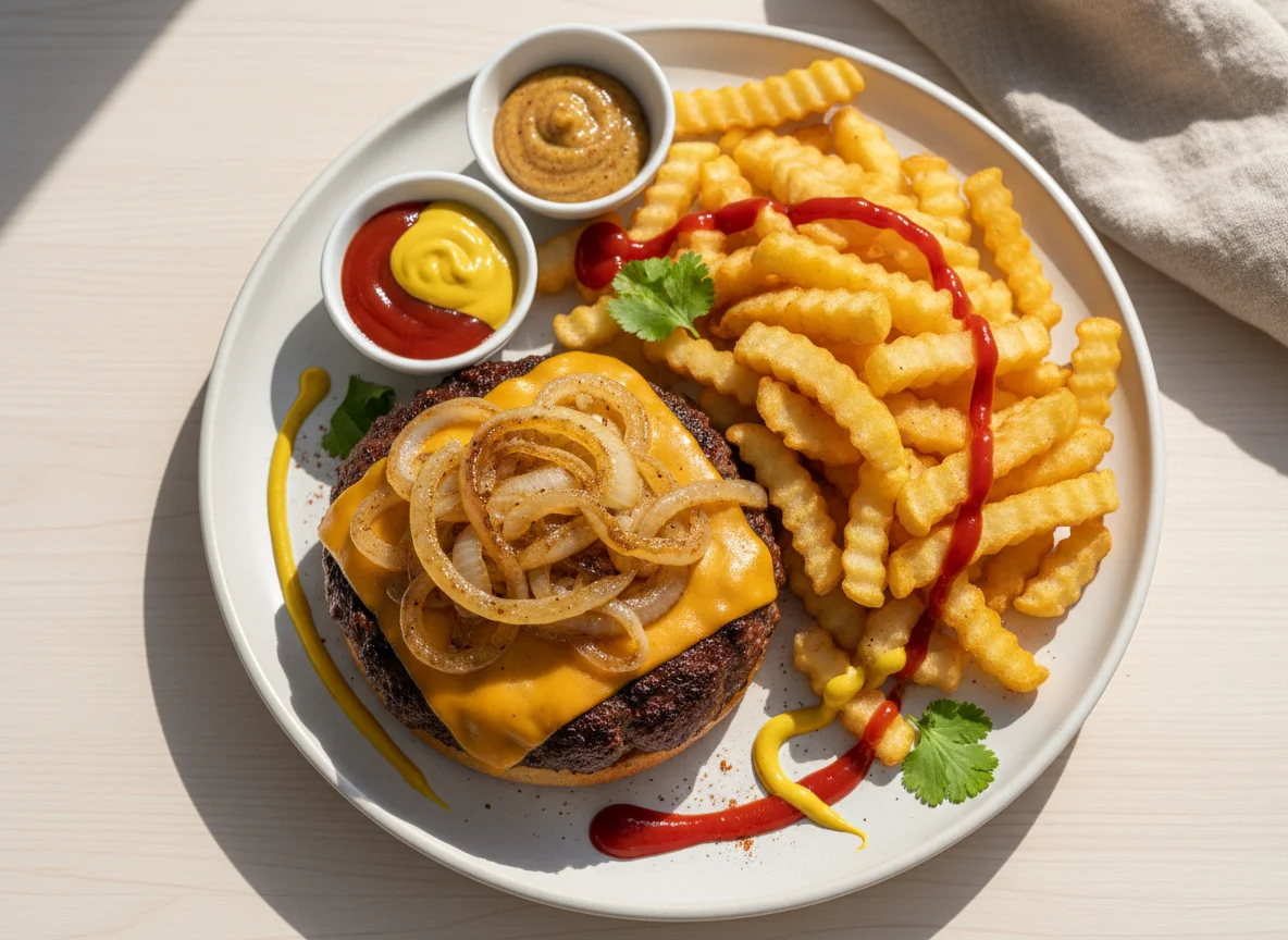Hamburguesa sin pan con papas fritas photo