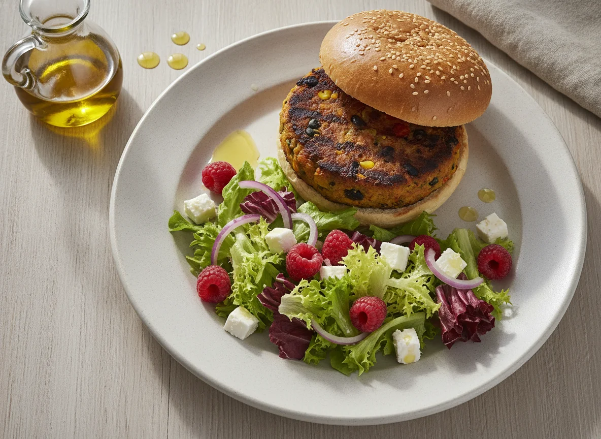 Hamburguesa vegetal con ensalada de frambuesas y queso feta photo