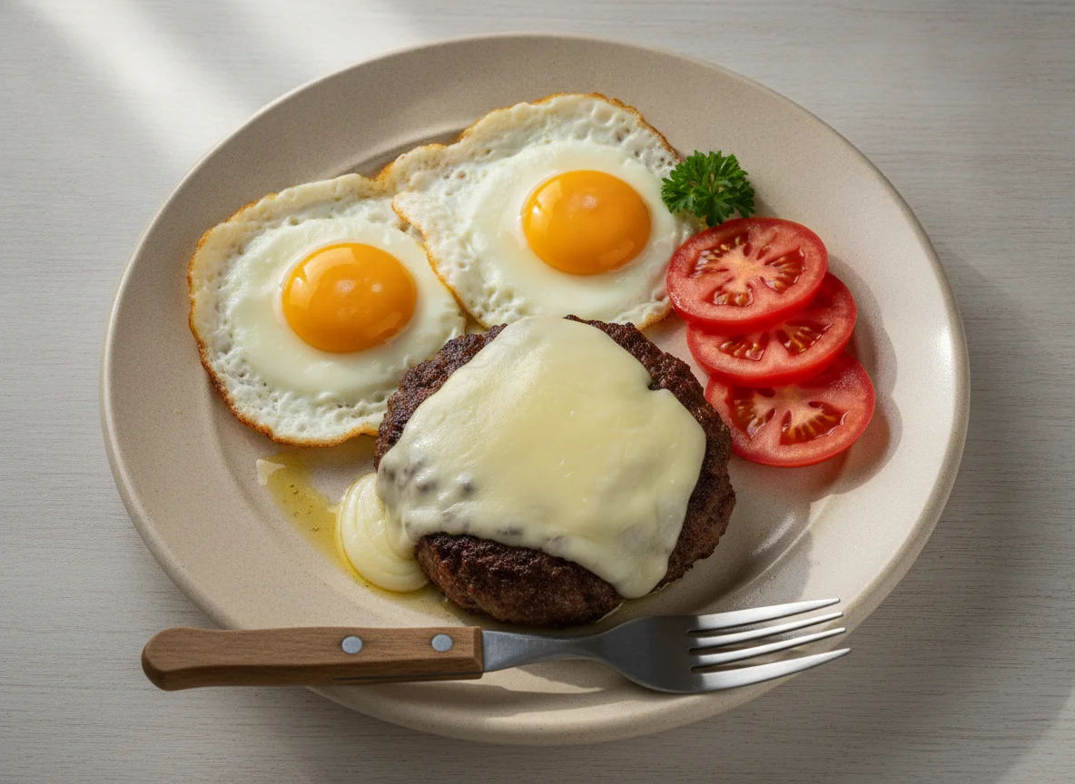 Hamburguesas al plato con queso, tomate y huevos fritos photo