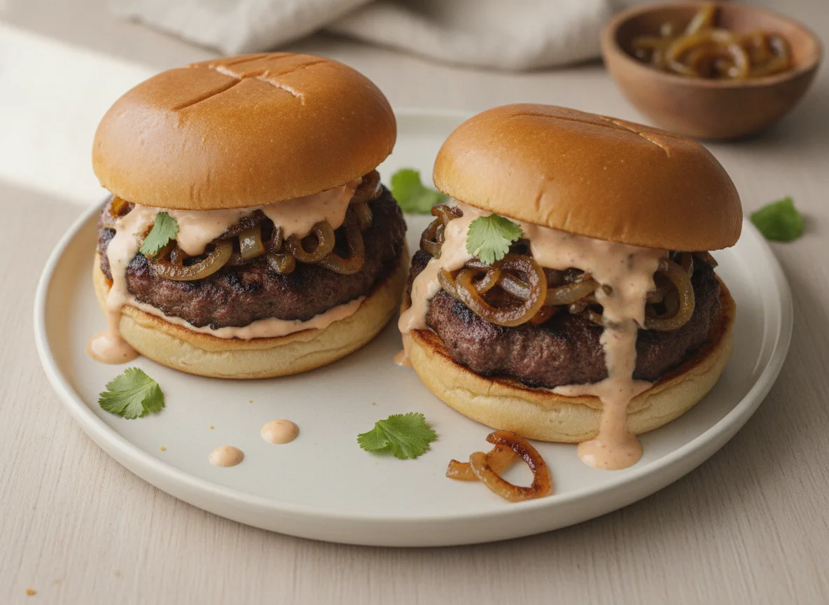 Hamburguesas caseras con cebolla caramelizada y salsa photo