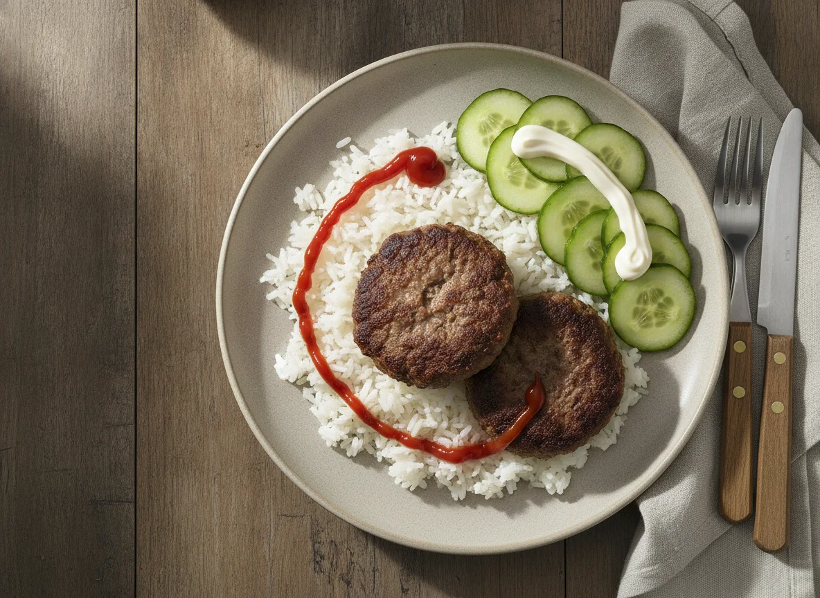 Hamburguesas con arroz y ensalada photo