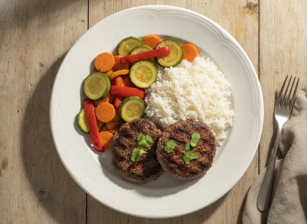 Hamburguesas con arroz y vegetales salteados photo