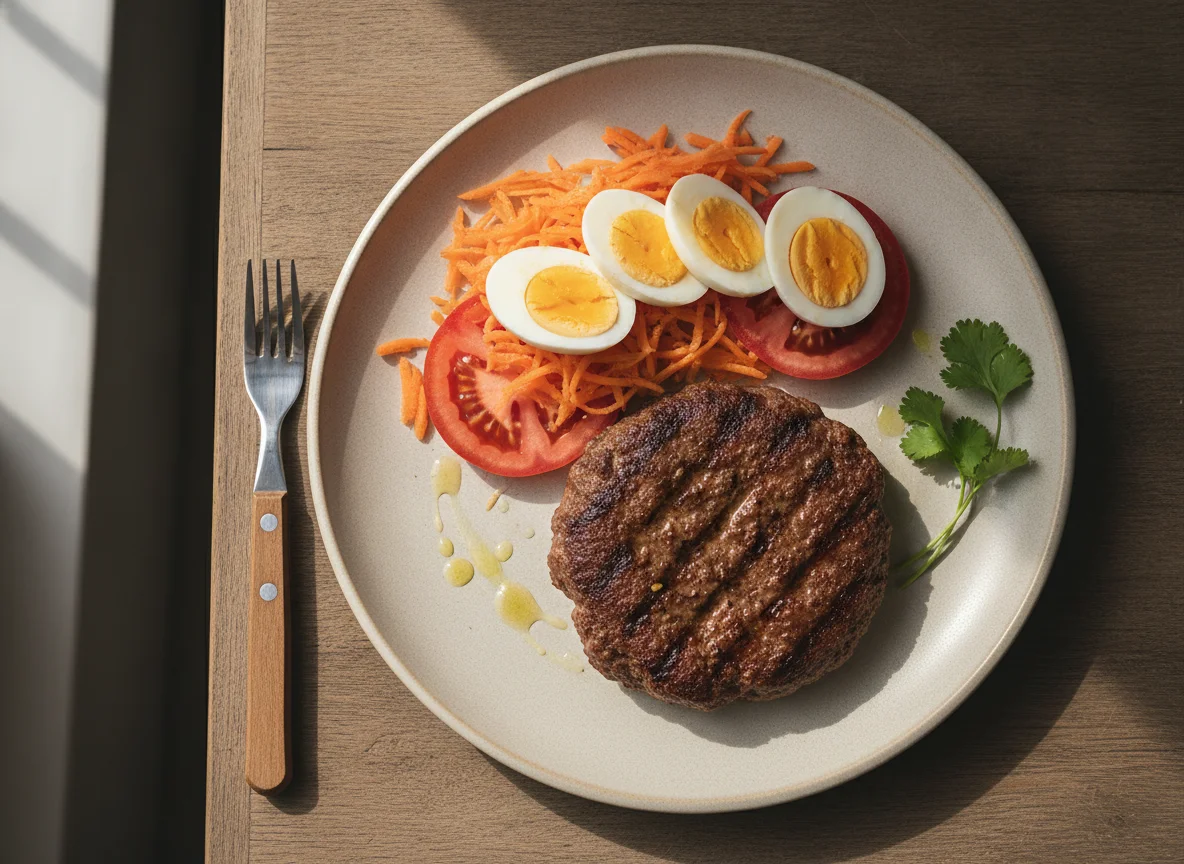 Hamburguesas con ensalada de zanahoria, tomate y huevo photo