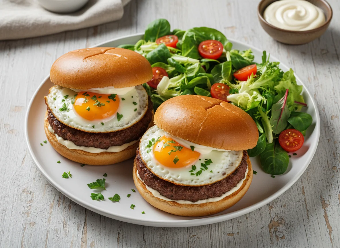 Hamburguesas con ensalada y huevo photo