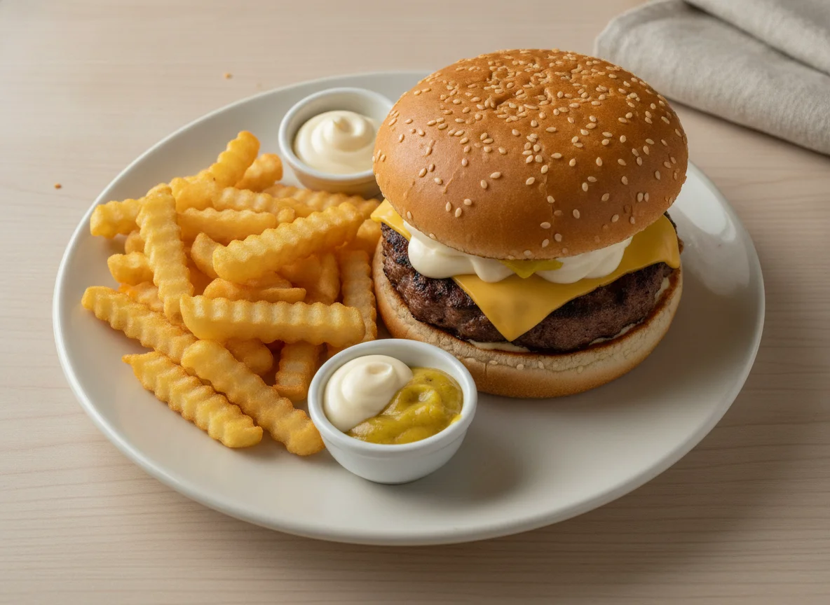 Hamburguesas con patatas fritas y salsas photo