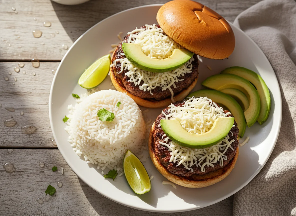 Hamburguesas con queso, arroz y aguacate photo