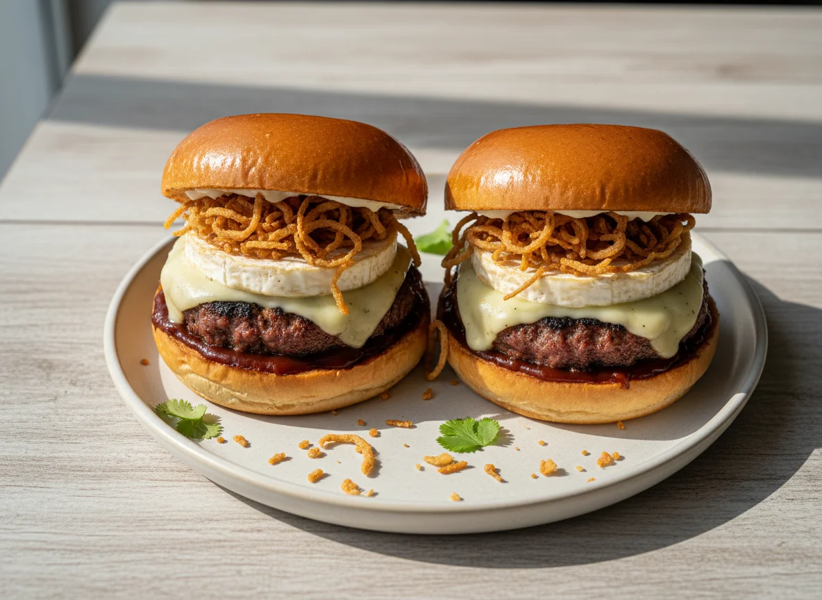 Hamburguesas con queso brie y cebolla crujiente photo
