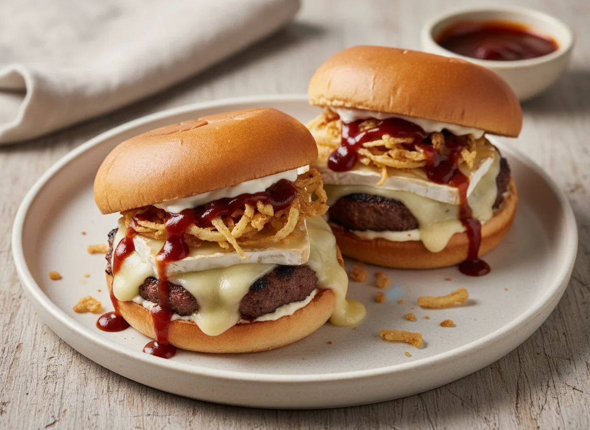 Hamburguesas con queso brie y cebolla frita photo