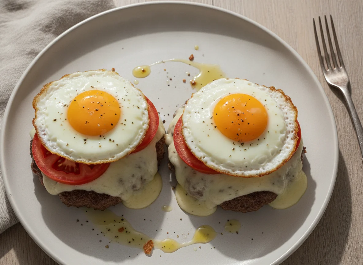 Hamburguesas con queso, tomate y huevos a la plancha photo